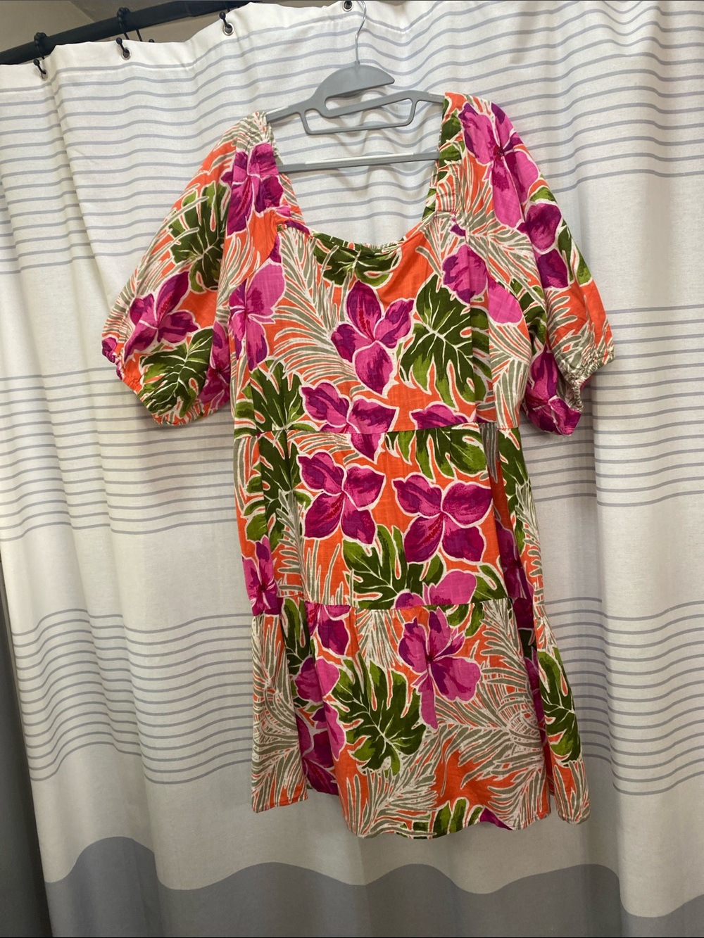 Vibrant Floral Puff-Sleeve Women’s Dress - Orange & Pink